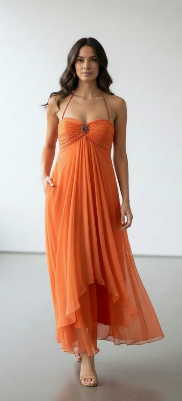 Sally U.S.A. Vintage Style 8406 Orange Chiffon Halter Maxi Dress